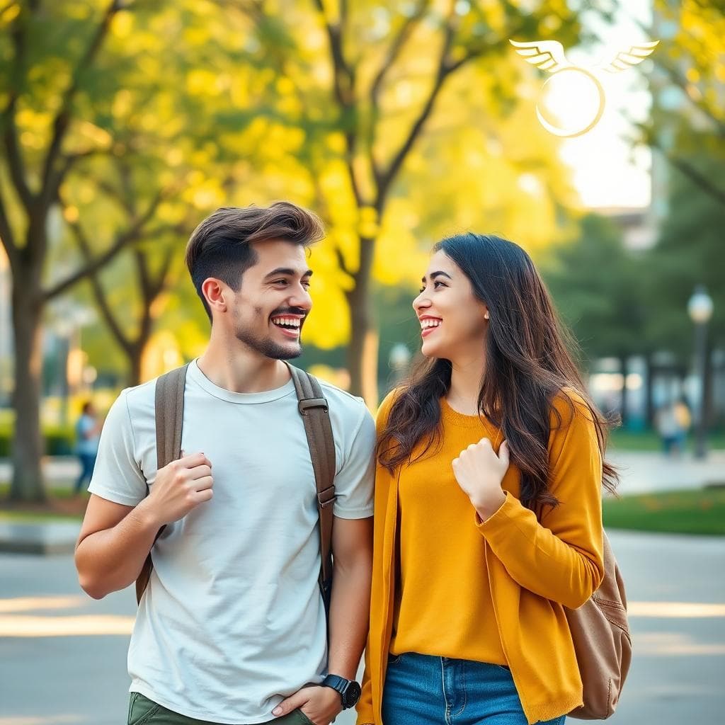 Image generated by AI: 一對年輕情侶在陽光明媚的城市公園愉快交談，背景有雙子座符號與風象元素的細節，畫風自然，光影柔和，色彩明亮。