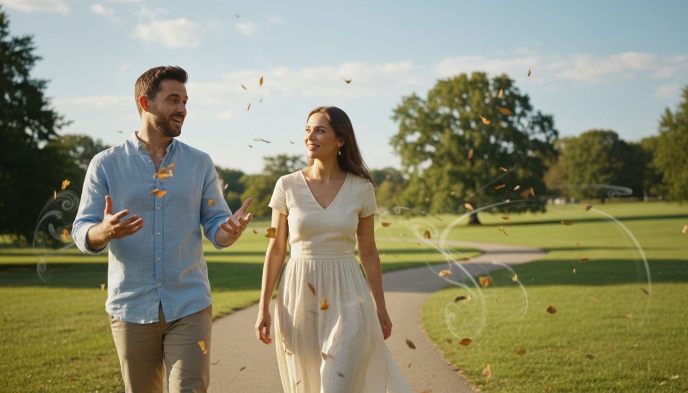 一對情侶在公園散步,男人活潑地比劃聊天,女人優雅微笑傾聽,周圍風吹樹葉,藍天白雲背景