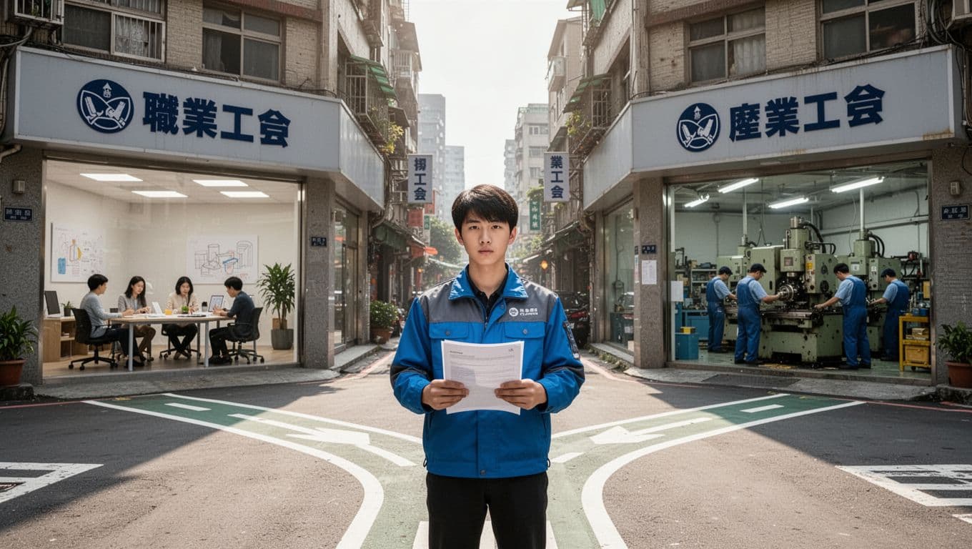 打零工族加入工會最常卡關:資格認定與工作證明 A young delivery worker holds documents at a Taiwanese city street fork, one path to a professional union with designers and freelancers meeting, the other to an industrial union with factory workers operating machines. Realistic style in bright daylight with professional atmosphere.
