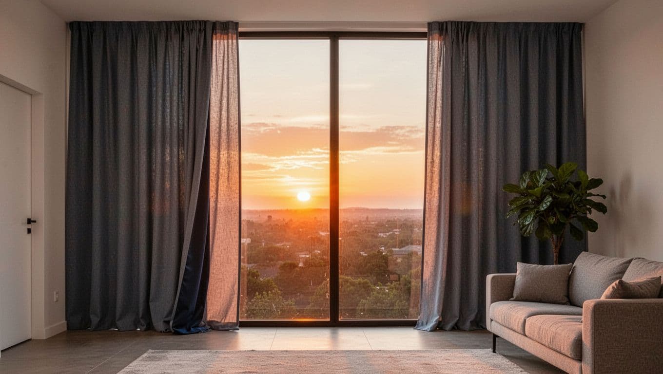 Photorealistic landscape of a large floor-to-ceiling west-facing living room window during golden hour sunset with deep gray-blue curtains showing inner lining, warm orange light, modern minimalist interior including sofa and plant.