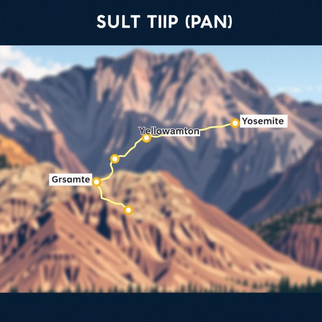 風格化的資訊圖表地圖展示了美國國家公園大峽谷、黃石和優勝美地的簡化路線連結，並以粗體清晰線條標示了自駕路線和標記的旅行天數，模擬一個 7 天國家公園短程旅行計畫。前景是清晰的路線標記，背景是抽象的地形表示。電影級、向量藝術風格。