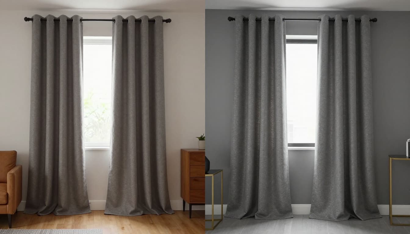 Side-by-side comparison of identical gray curtain fabric in different home settings: left with wooden floors and warm furniture for a warmer tone, right with gray walls and metal furniture for a cooler tone with reflections. Realistic high-detail interior photo with natural light, full curtains on single windows, no people or text.