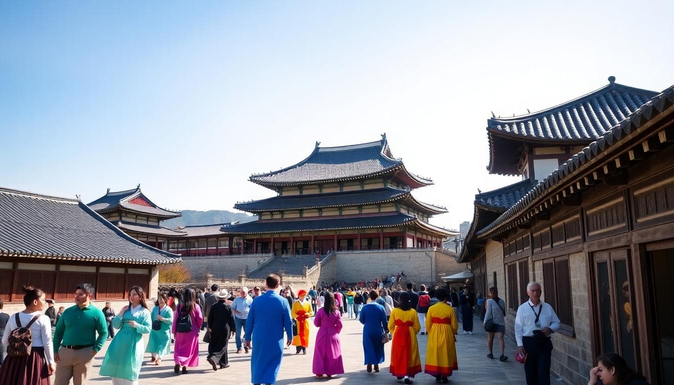 美麗的景福宮與韓服體驗場景,背景是金碧輝煌的宮牆與彩色韓服人群