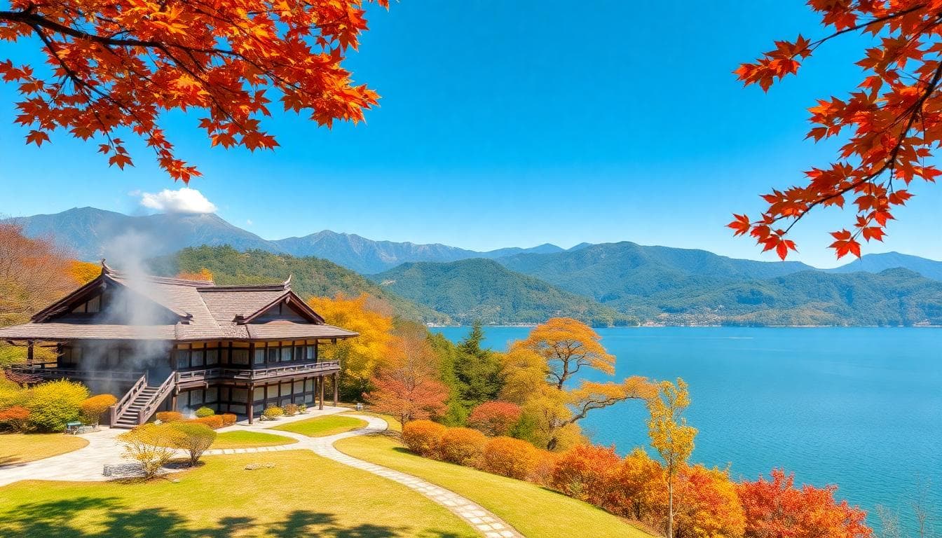 Hakone's natural landscape featuring steaming hot springs near a traditional ryokan, lush green mountains, Lake Ashi in the background, with vibrant autumn maple leaves.