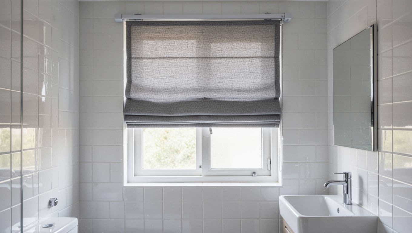 A custom Roman shade is half-pulled on a narrow 30cm x 60cm ventilation window in a clean, modern minimalist bathroom, with soft light filtering through gray waterproof fabric against white tiled walls beside a small sink.