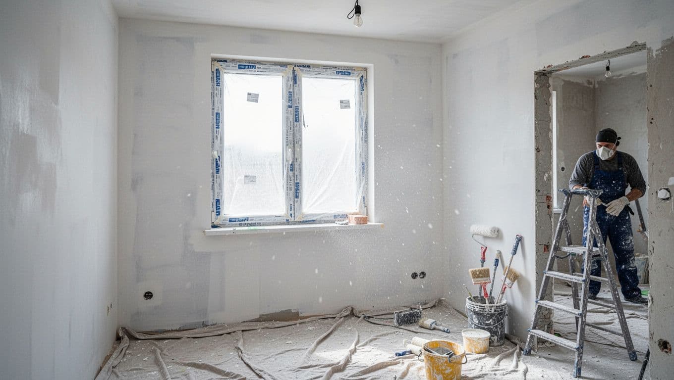 Interior view of a half-renovated apartment room during the painting phase, with freshly painted white walls, drop cloths on the floor, a foreground window protected for painting, painter's tools including brushes, roller, and ladder in the corner, dust in the air, and natural daylight illuminating the scene. Exactly one masked worker is visible in the background, emphasizing the window preparation area in a realistic, high-detail style.