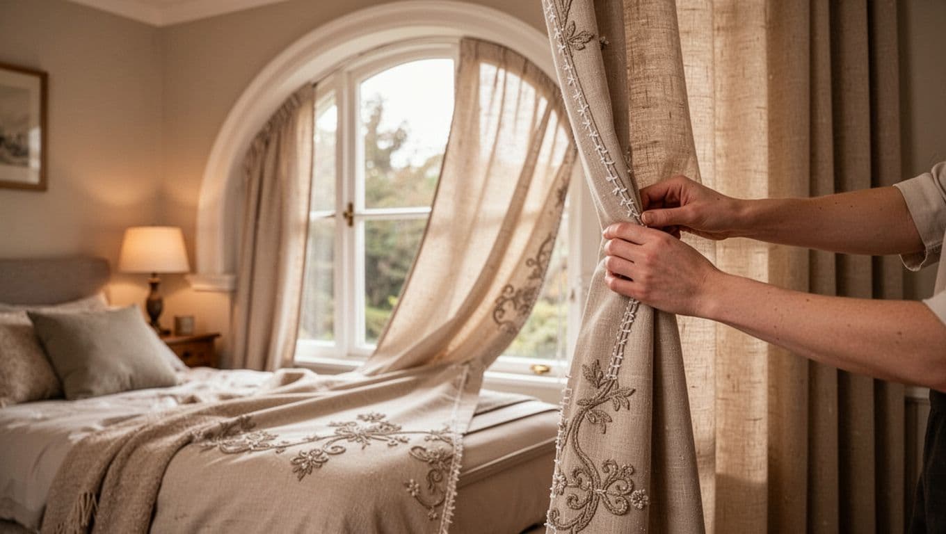Close-up view of a curved arched window in a cozy bedroom, featuring custom-fitted curtains being gently adjusted by a hand, with soft fabric draping perfectly and intricate sewing details visible in photorealistic style.
