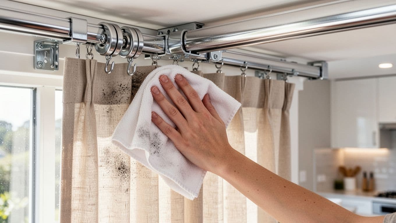 窗簾只換軌道不換布可以嗎?費用優缺點與限制全解析 Close-up of one hand using a soft white cloth to gently wipe dust from a shiny new aluminum alloy curtain track above a home window, with smooth pulleys, hooks, and light beige curtain in the background.