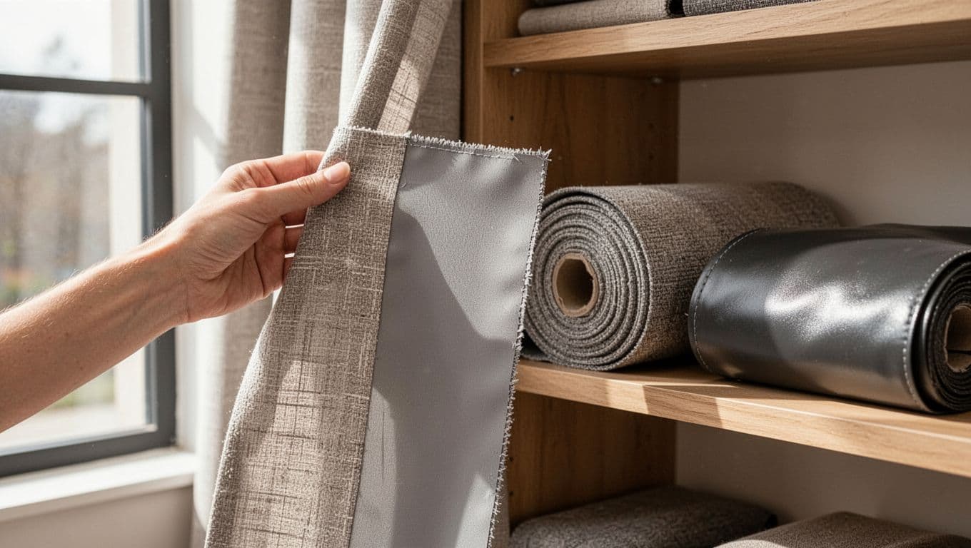訂製窗簾抗UV值得選嗎?價格差異與實際效果解析 Indoor fabric store with natural window light: a hand holds up a curtain fabric sample to inspect weave density and back coating, with rolled fabric bolts on nearby wooden shelves in photorealistic detail.