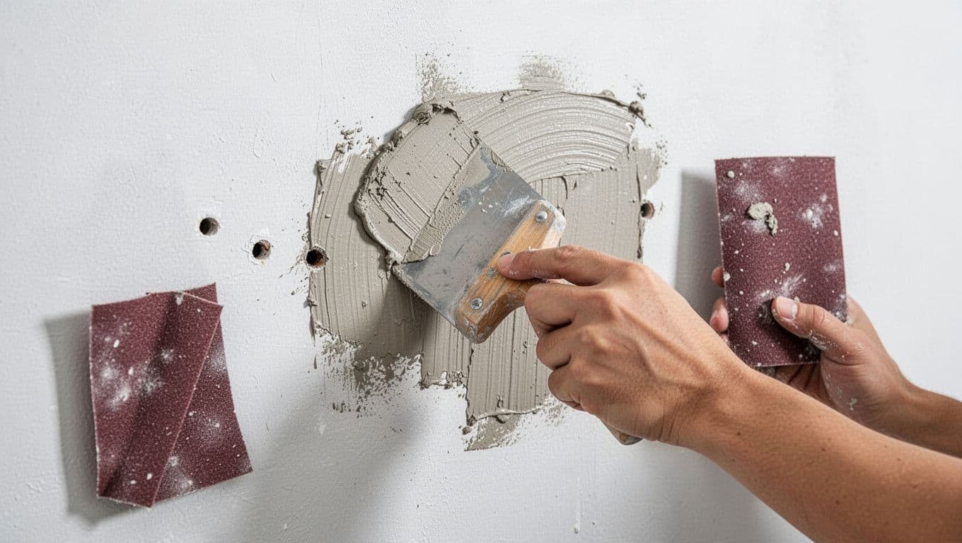 Close-up view of filling drill holes on a white wall with putty and sandpaper, ready for painting.