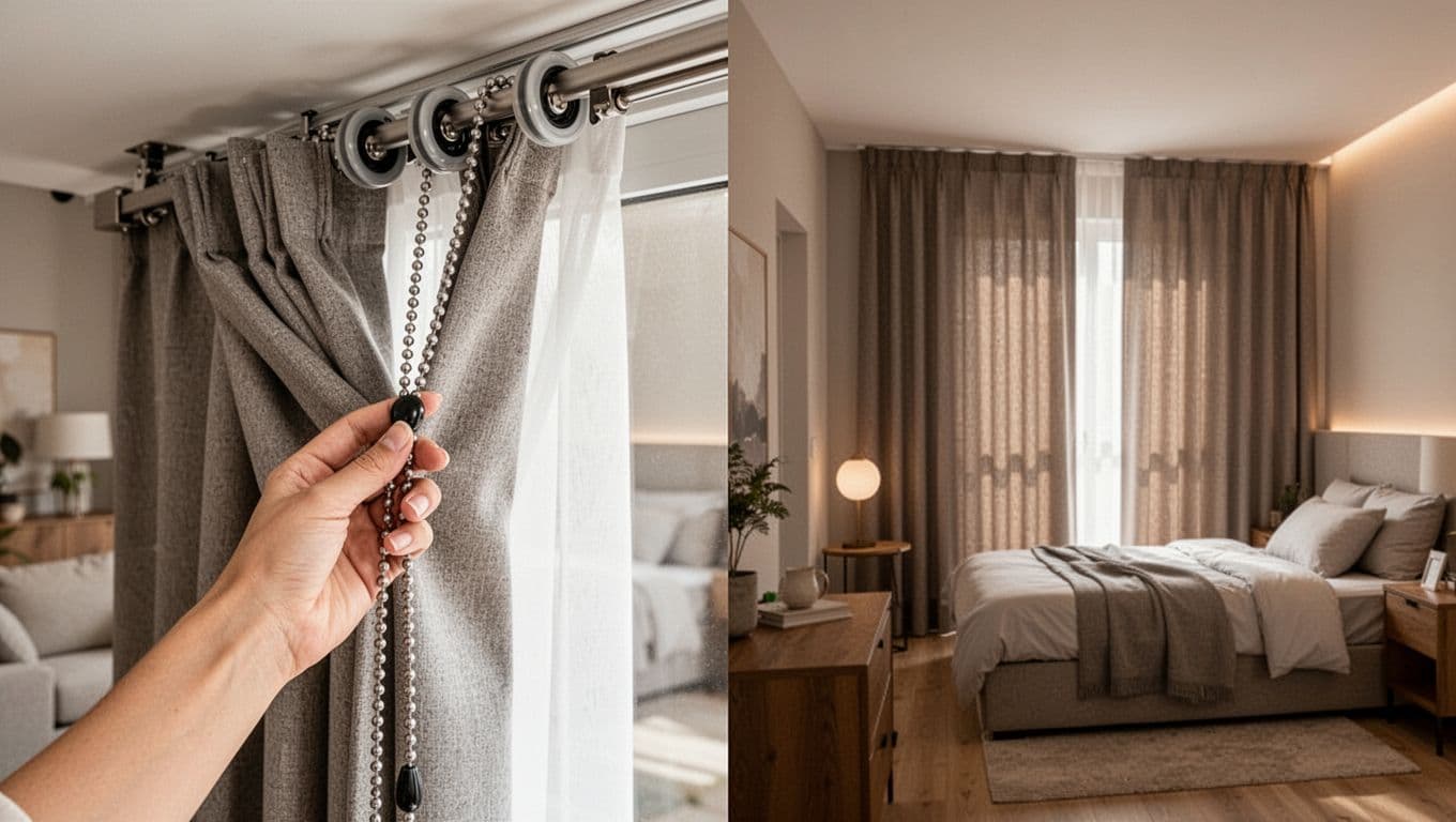 Modern cozy living room with custom curtains on ceiling tracks pulled open by one adult hand, revealing sliding wheels, metal track, and fabric texture. Adjacent bedroom shows identical curtains fully closed in soft indirect light.