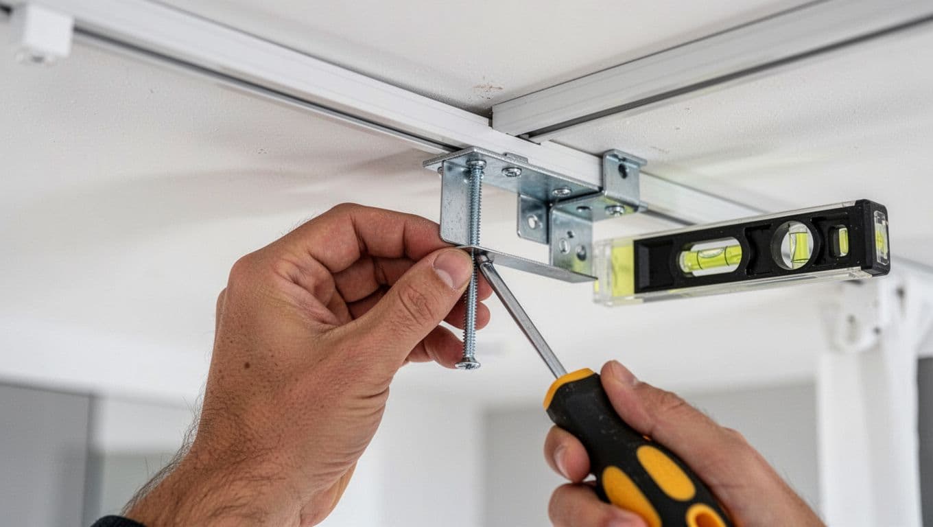Close-up of a craftsman's hand inserting a thin metal shim under a curtain track bracket on a modern home ceiling to correct height differences, with a bubble level confirming flatness and screwdriver tightening the screw.