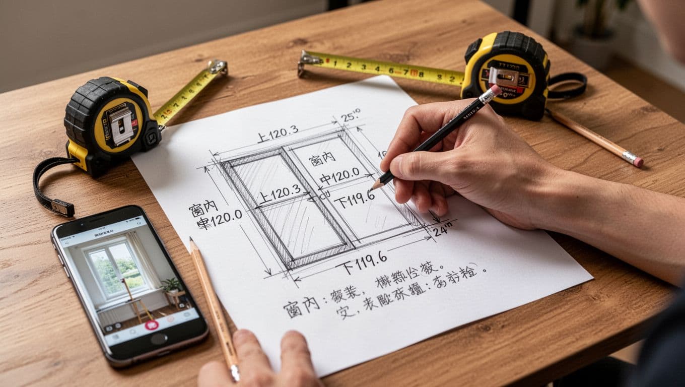 Photorealistic close-up of one hand drawing a simple diagram of window measurements on white paper, labeling widths and heights with numbers like 上120.3 中120.0 下119.6 and notes, with coiled tape measure, smartphone displaying window photo, and pencil on a wooden home office table.