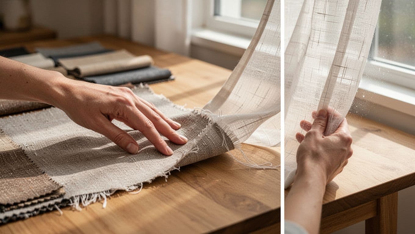 A single relaxed hand tests curtain fabric samples on a clean wooden table in a bright home workshop, rubbing for texture, tugging for strength, and holding to window light for transparency and weave. Realistic photography style with sharp focus on fabric details and soft natural daylight.