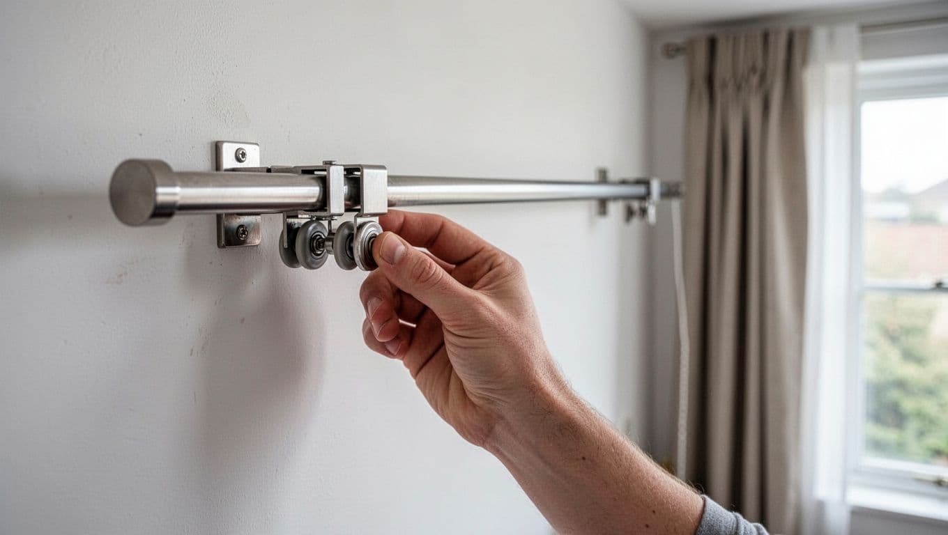 訂製窗簾軌道不好拉怎麼辦?5大常見原因與簡單解法 A close-up view of a person using one hand to gently push a single curtain slider along a straight metal curtain track mounted on a white wall, testing for sticking points. Soft natural light from a window highlights the detailed wheels on the slider and the simple indoor room background.