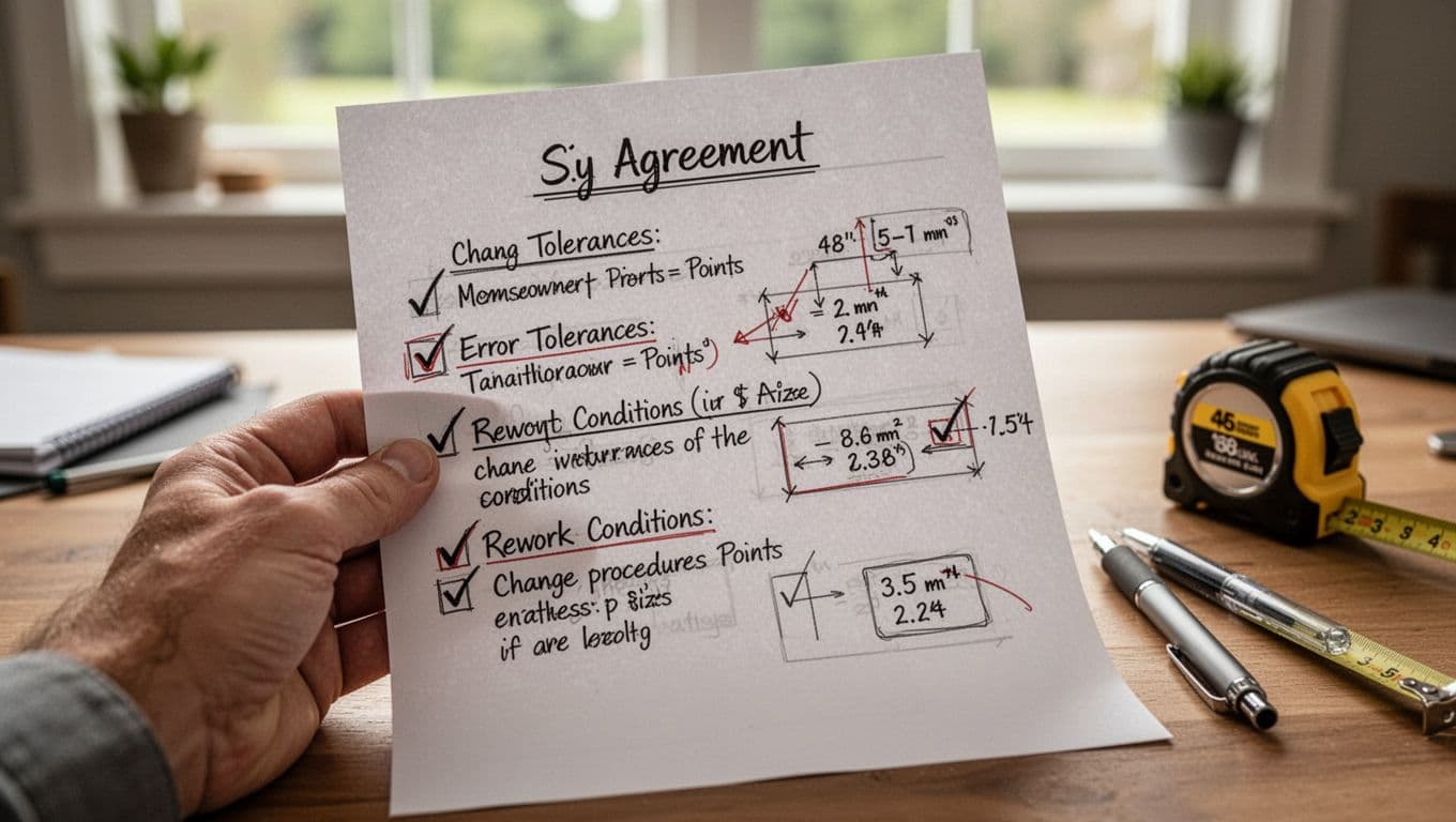 Photorealistic close-up of a simple written agreement note on paper between homeowner and installer, outlining error tolerances and rework conditions, held in one hand at a home desk with pen and tape measure beside, blurred window background and warm lighting.