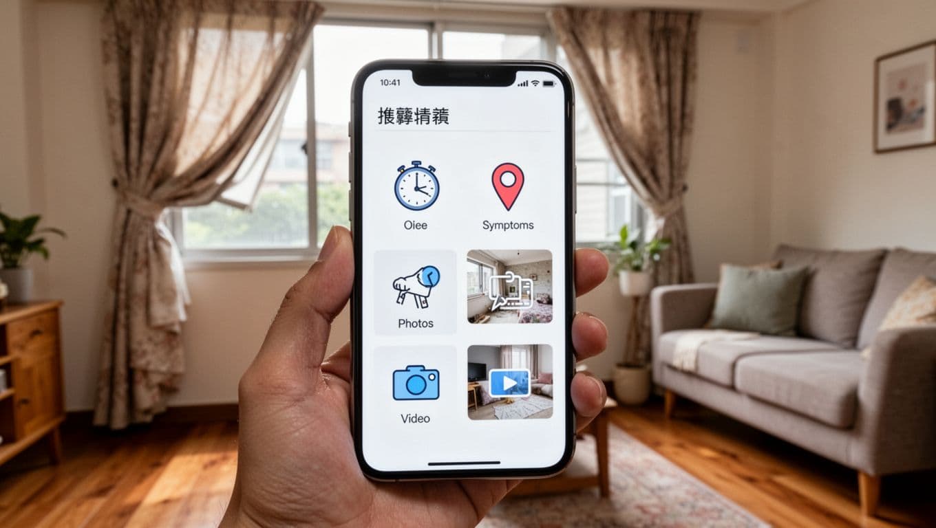 Photorealistic close-up of a hand holding a smartphone screen in a cozy Taiwanese home, displaying a photo report template for curtain issues with abstract icons for time, location, symptoms, photos, and video. Background includes a window with slightly crooked custom curtain, wooden floor, sofa, and soft indoor lighting.
