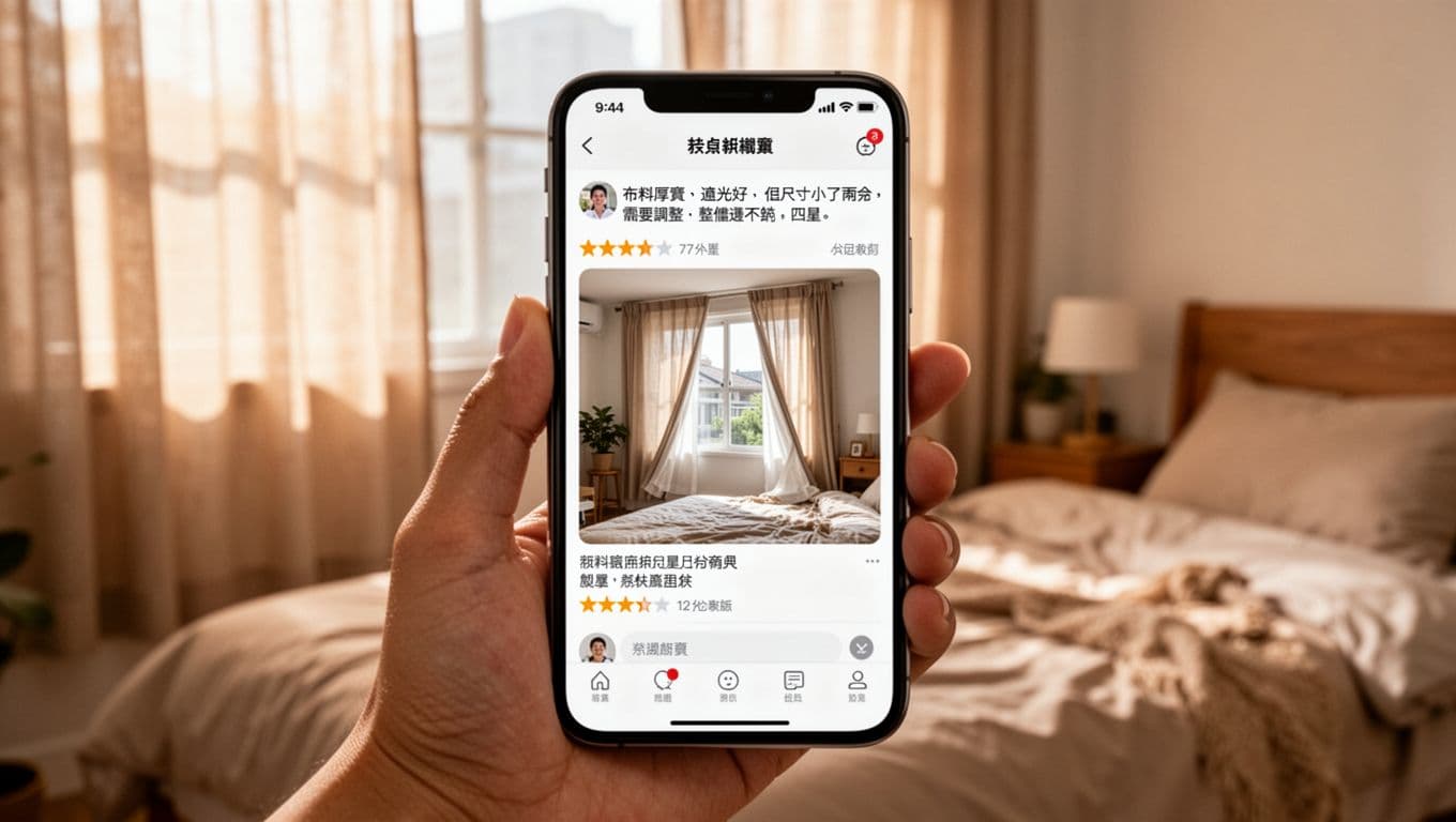 Photorealistic image of a hand holding a smartphone screen displaying a balanced four-star review in Traditional Chinese for custom curtains on an e-commerce app, featuring a user photo of slightly misaligned curtains in a cozy Taiwanese bedroom.