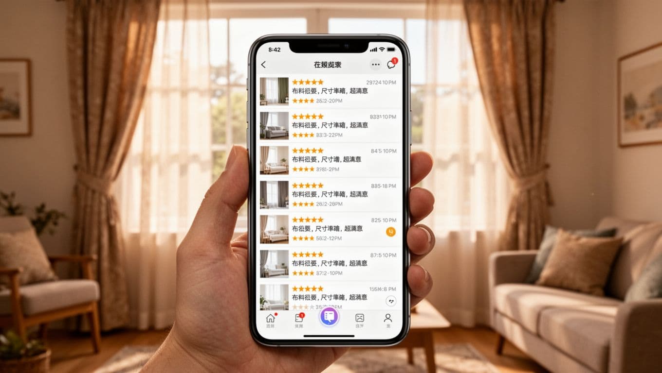 Photorealistic image of a hand holding a smartphone displaying clustered identical five-star reviews for custom curtains on an e-commerce app, set in a cozy living room with real curtains.