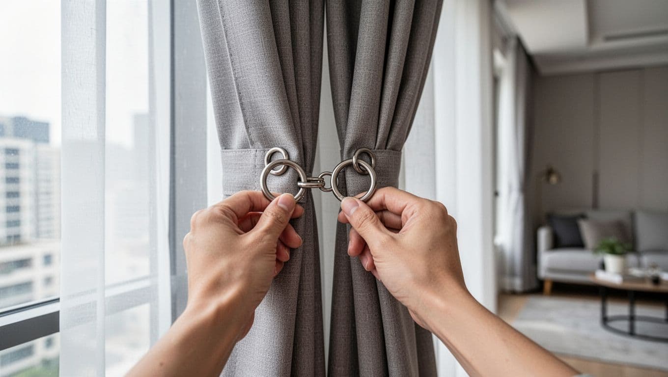 Close-up of hands inserting curtain hooks into matching fabric rings to ensure consistent left and right heights, with curtains hanging by a modern room window.