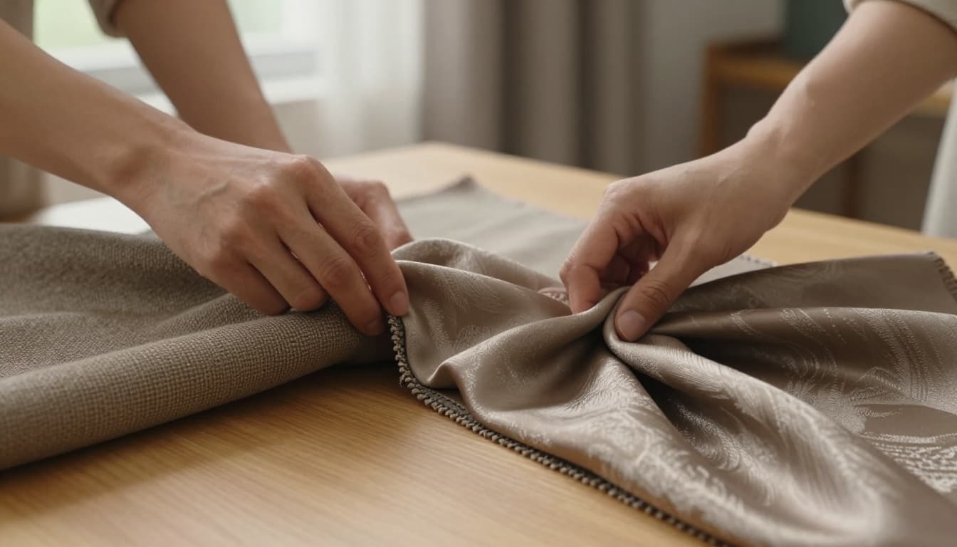 Close-up of two hands comparing a thick, matte Taiwanese curtain fabric and a smooth, silky imported fabric on a light wooden table under soft natural window light, with detailed textures and a warm mood.