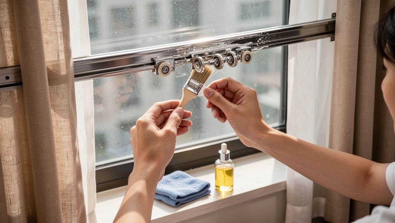 Close-up of one person's hands gently applying lubricant oil with a brush to clean metal curtain tracks on a modern Taiwanese bedroom wall, checking rollers without gripping. Tools like cloth and oil bottle on the dust-free window sill, soft morning light through beige curtains.