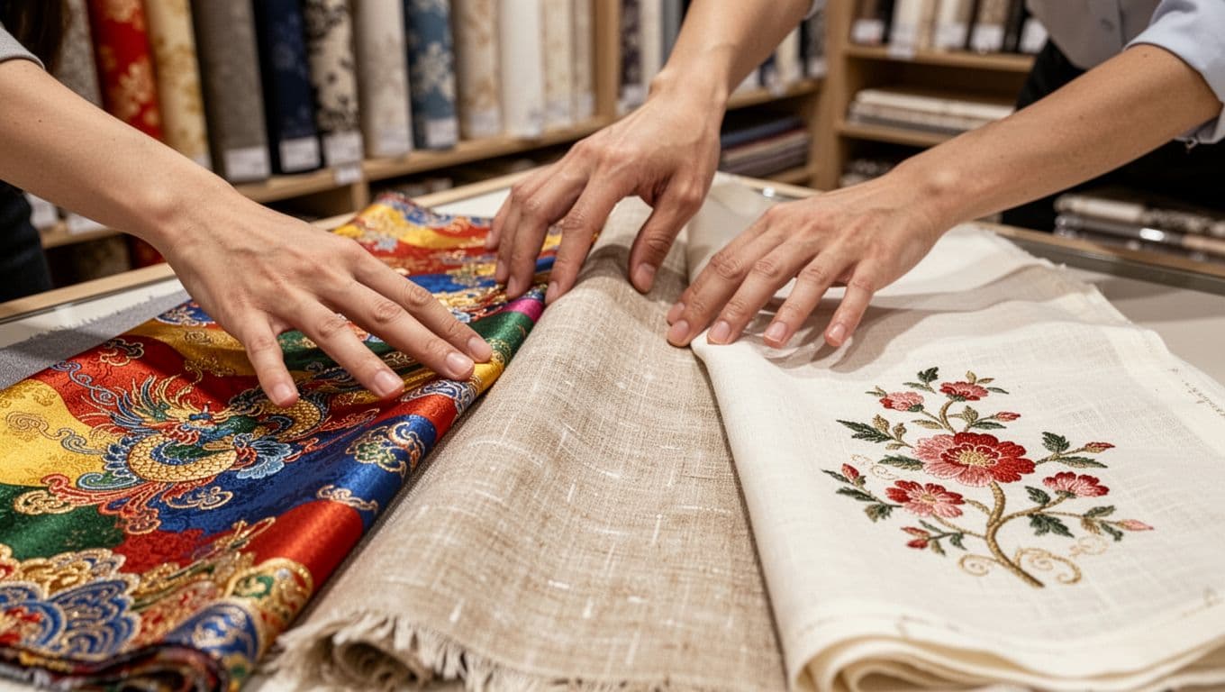 Close-up photorealistic view of one person's hands lightly touching and pulling three curtain fabric swatches—colorful Chinese polyester, premium European linen, and embroidered Taiwanese cotton—on a store counter, with natural lighting highlighting textures and slight stretch.