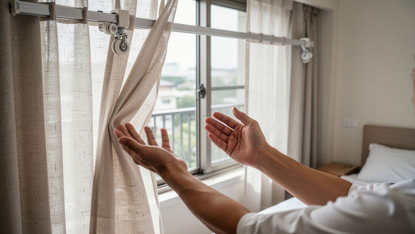 Realistic close-up photography of a craftsman's hands naturally releasing a curtain midway in a bright bedroom, showing the left fabric slightly sliding unevenly. Foreground features curtain fabric and track pulley, with window and simple room in natural light background.