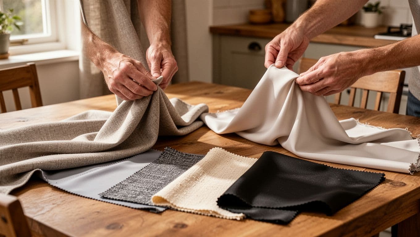 Close-up of a pair of hands on a wooden dining table in a cozy kitchen, testing curtain fabric swatches for stiffness, thickness, wrinkles, and elasticity, with additional samples laid out nearby.