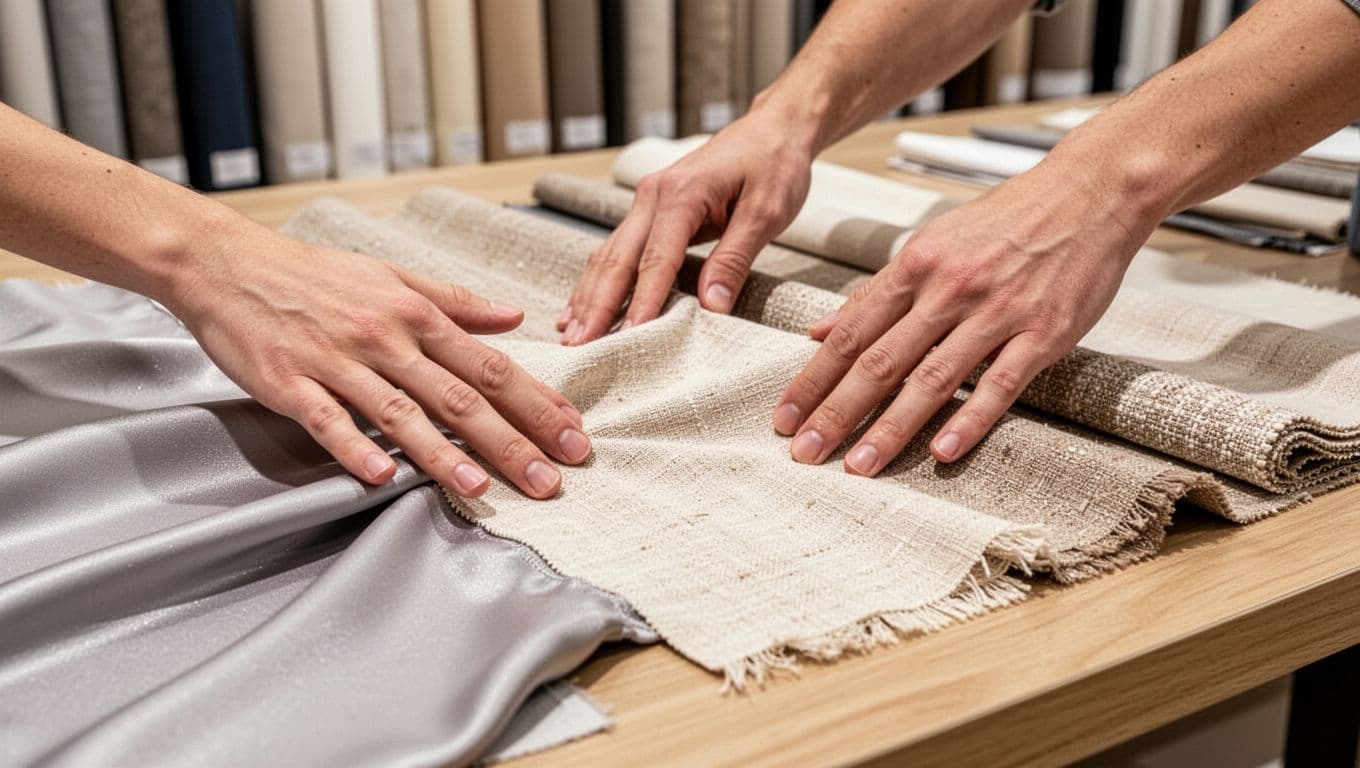 Close-up view of one person's hands gently touching and lightly pulling on various curtain fabric samples on a store counter, including smooth polyester and textured cotton-linen in neutral colors, under bright showroom lighting.