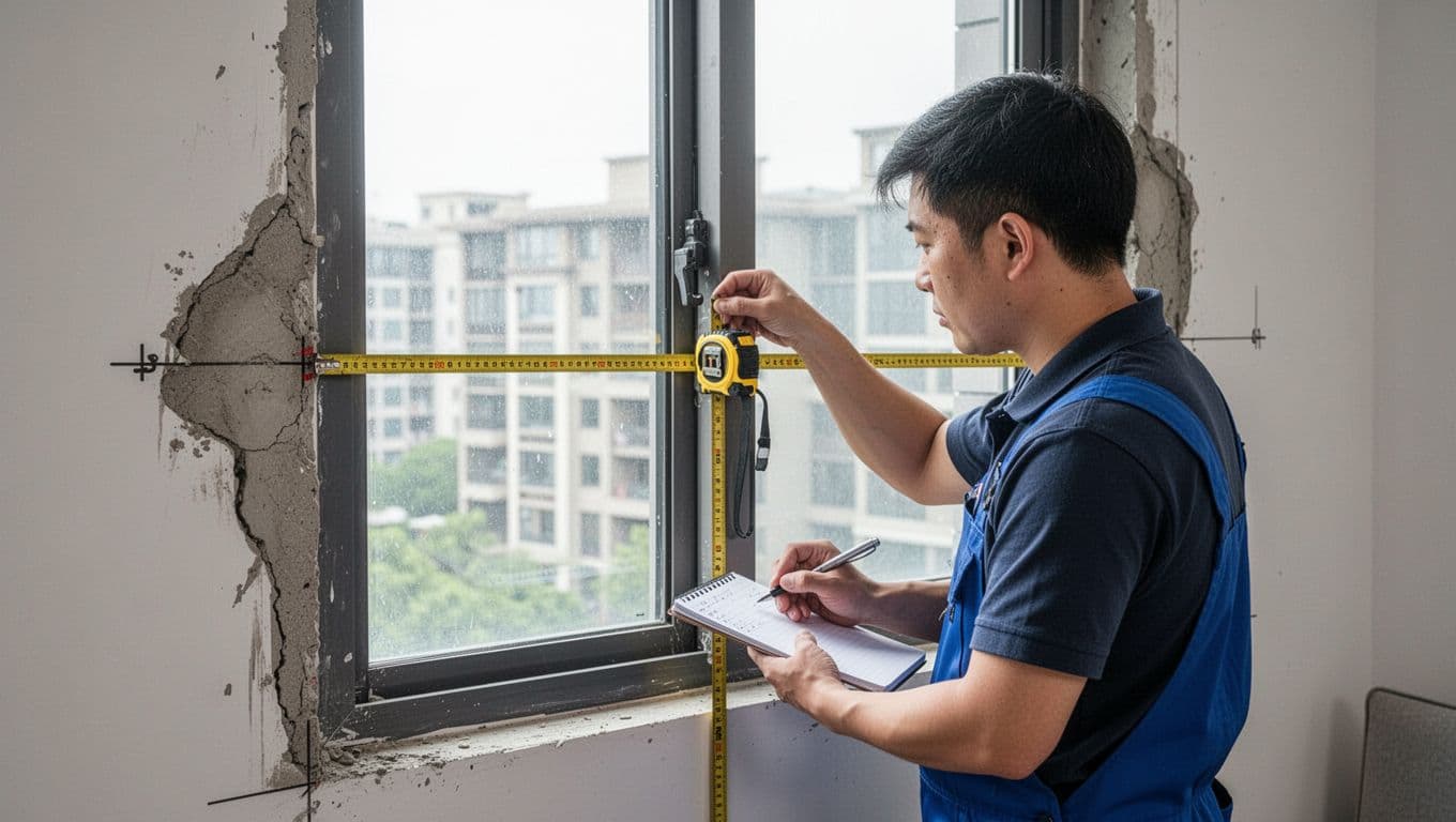 A handyman in a modern minimalist living room measures the horizontal and vertical points of a window frame using a tape measure held naturally, while recording dimensions in a notebook. The scene features natural daylight, an uneven wall beside the single window, high-detail tools, photorealistic style with no text or watermarks.