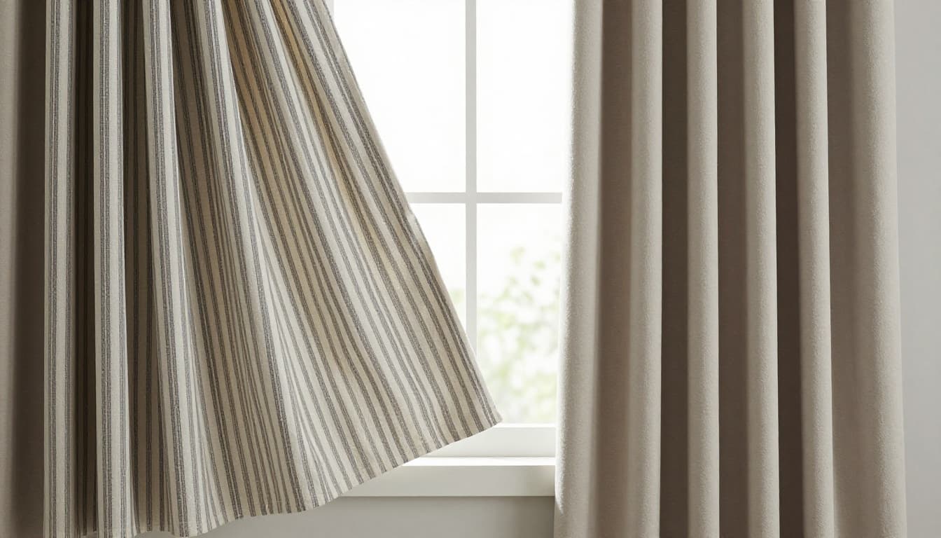 Various curtain fabrics hang naturally by a bright room window, with the left striped fabric slightly enlarged and tilted, and the right plain soft fabric appearing smooth, highlighting texture differences under soft lighting.