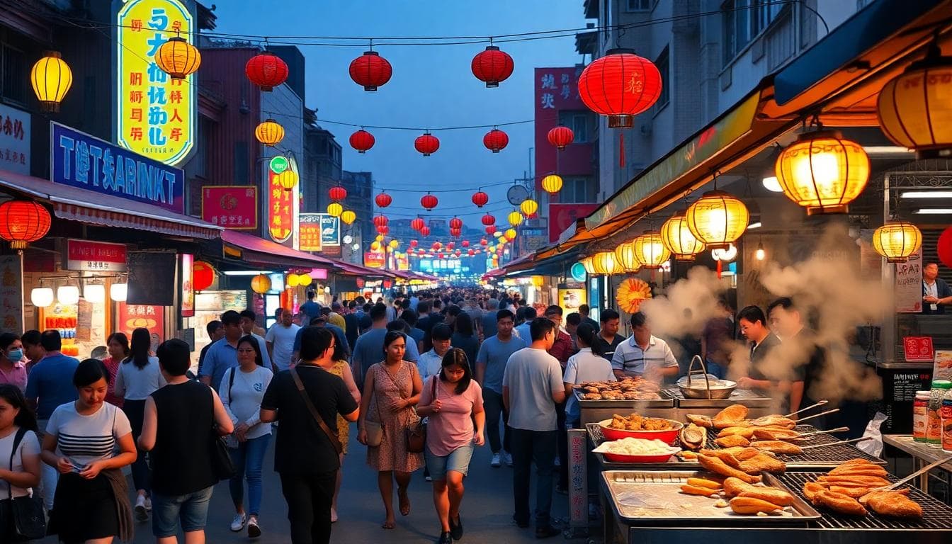 A bustling evening scene at Hanxi Night Market in Taichung, Taiwan, with colorful food stalls lining the street under string lights and lanterns, vendors grilling fresh oysters and chicken steaks on smoky barbecues, crowds of people walking and eating street food like Indian paratha and fried squid, vibrant atmosphere with steam rising from pots, traditional Taiwanese night market vibe, detailed and lively, no text.