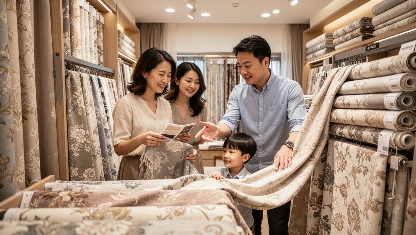 A family of three in a custom curtain store surrounds fabric displays; mom holds a sample, dad points discussing, child touches fabric, in a warm, bright atmosphere with natural interactions.