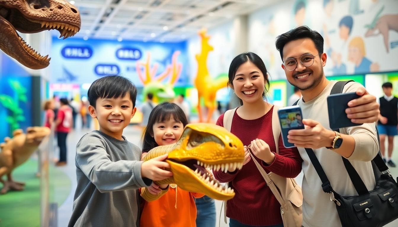 一家親子家庭在台中國家自然科學博物館內互動展覽，兩個孩子觸摸恐龍模型，父母微笑拍照，周圍有彩色科學展示區和其他家庭