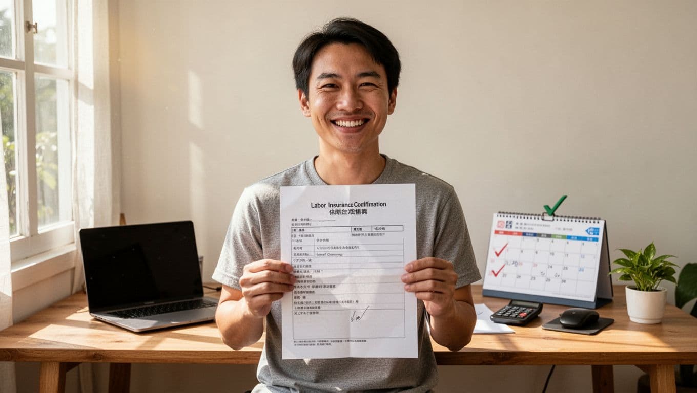 工會加保最怕的3件事:雙邊加保、欠費、資料不一致 A joyful Taiwanese freelancer stands confidently in a sunny home office, smiling at the camera while holding a printed labor insurance confirmation document. The desk in the background includes a closed laptop, checked calendar, phone, and small plant, evoking a positive achievement mood.