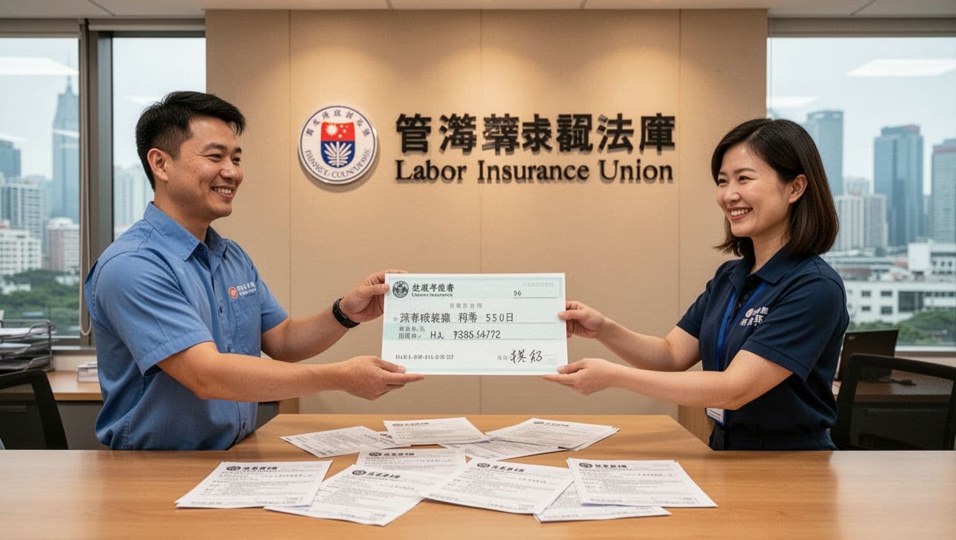 如何選低風險工會加保?三大風險比較一次看 A cheerful Taiwanese worker in his 30s receives a labor insurance payout check from a smiling union staff member across a reception desk in a modern office, with warm lighting and a celebratory atmosphere.