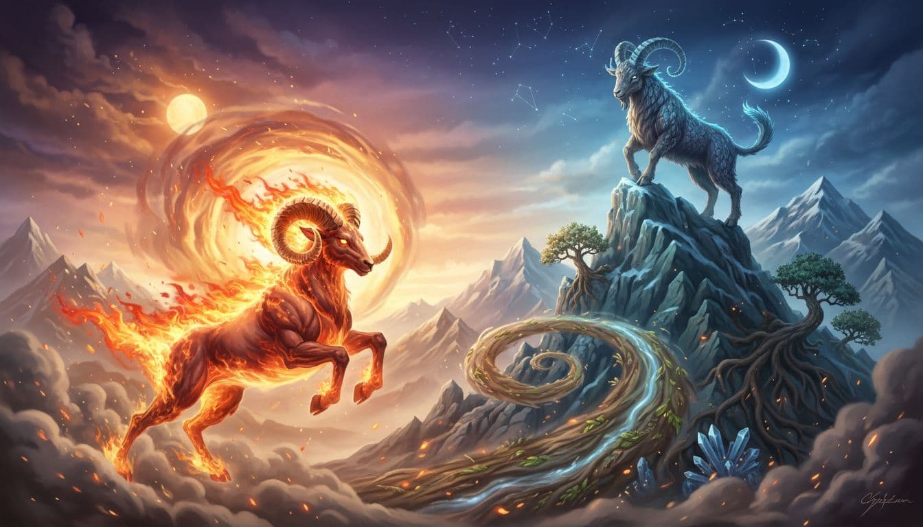 白羊座與摩羯座的星座符號和諧互動圖,公羊躍動火焰能量,山羊穩立巖峰