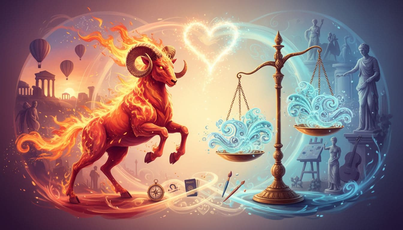 A vibrant illustration showing Aries and Libra zodiac signs in harmony, with Aries as a fiery ram charging energetically and Libra as elegant scales balancing wind elements, together creating sparks of attraction in a romantic setting. Foreground features the ram and scales interacting positively, background includes adventure scenes like travel and art with warm colors. Use a romantic, dynamic digital art style with soft lighting and harmonious composition, no watermark, no text.