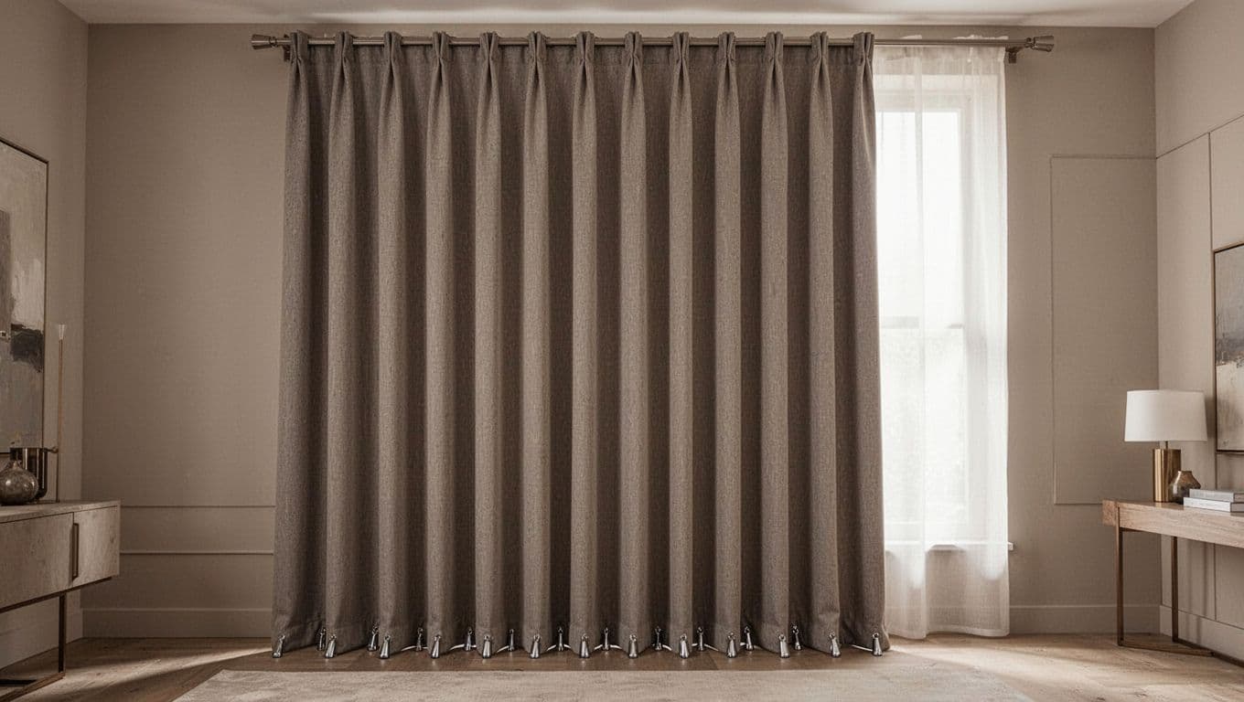 Close-up detail of a heavy custom curtain hanging perfectly straight from a rod in a modern room window, showcasing excellent drape with smooth, even folds due to high density and weight. Bottom hem has subtle lead weights for extra straightness, soft diffused daylight, neutral tones.