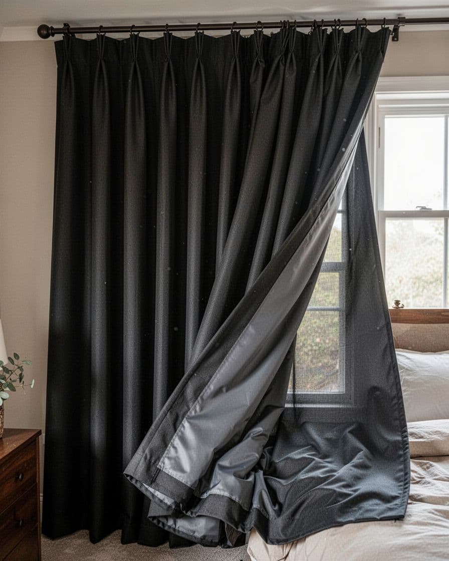 訂製窗簾軌道不好拉怎麼辦?5大常見原因與簡單解法 A heavy custom blackout curtain with dense pleats and inner lining hangs from a track in a cozy bedroom window, slightly pulled to one side revealing its weighty folds and thick fabric texture under natural daylight.