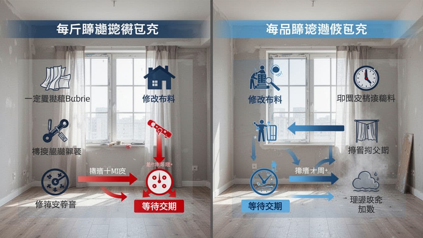 Clean modern infographic comparing hidden costs of ordering curtains too early (high impact risks like fabric mods, hardware replacement) versus too late (higher probability risks like waiting, temporary coverings) during home renovation, with simple icons and neutral colors.