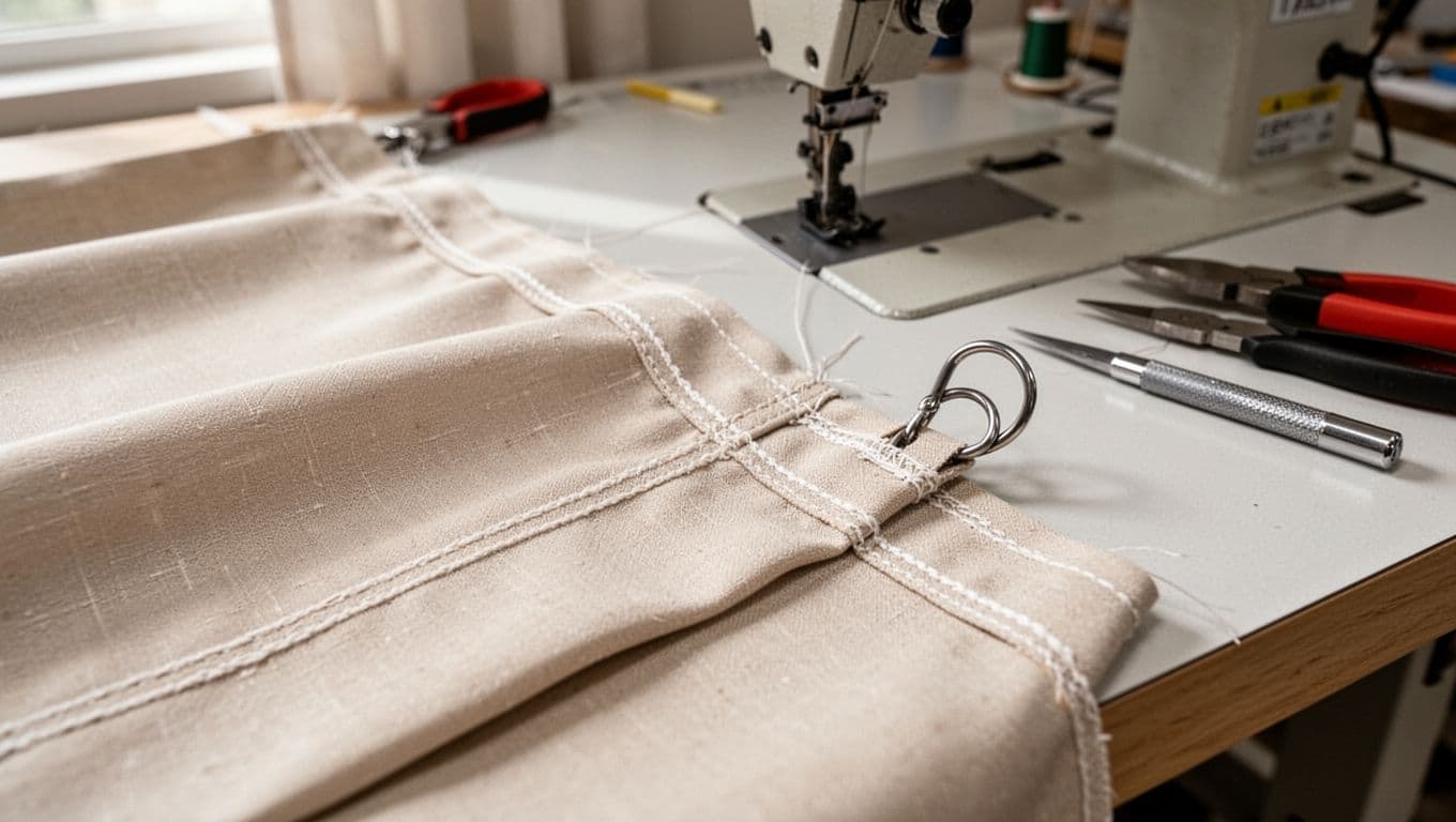Close-up detail of reinforced edge stitching on a luxury curtain, showcasing double-line lockstitching and strengthened hook rings with fabric pulled taut without deformation on a workbench amid professional sewing tools and bright studio lighting.