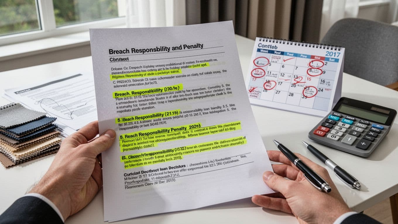 訂製窗簾合約要寫什麼?尺寸材質時間全條款,避免爭議 Photorealistic image of a printed contract page on a desk with breach responsibility and penalty clauses marked by highlighter, next to a calendar with circled delay dates, custom curtain samples, calculator, and pen. A single hand holds the contract in a modern home office with bright natural lighting.