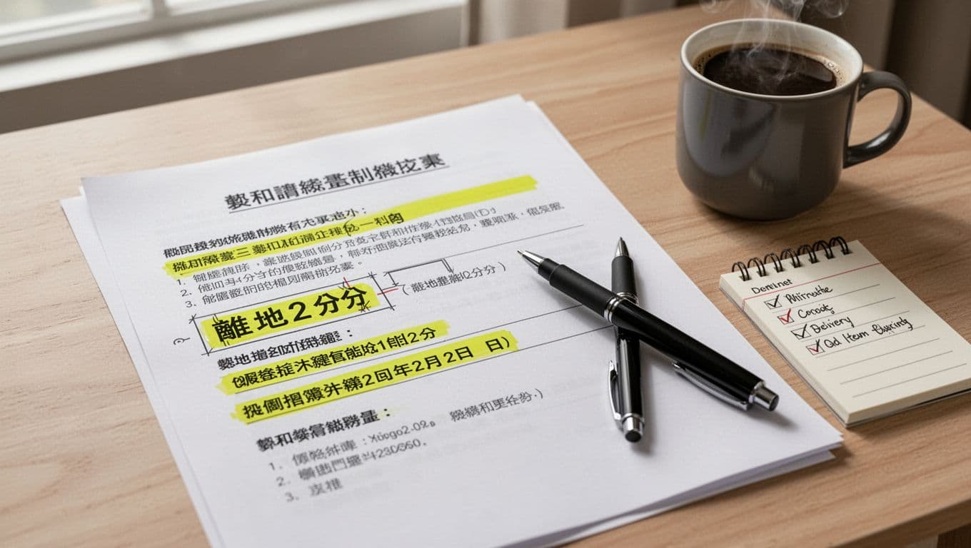 Photorealistic close-up of a printed agreement document on a light wooden table for resolving custom curtain sizing issues. Yellow highlighter marks key sections: modification method, completion dimensions like "離地2公分", delivery timeline, re-installation date, old item handling. A black pen rests diagonally across, small notepad with checklist nearby, steam rising from a coffee mug.