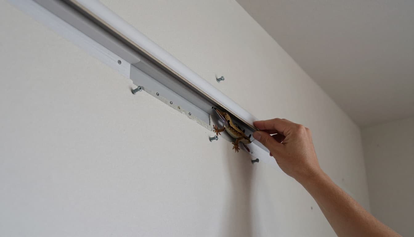 Realistic photography of installing hollow wall anchors into a light partition gypsum board wall to fix a curtain track, displaying the board's hollow structure cross-section with evenly distributed screws securing the backing, in a bright daylight indoor bedroom, foreground details on anchor and screws, one hand lightly placing tool.