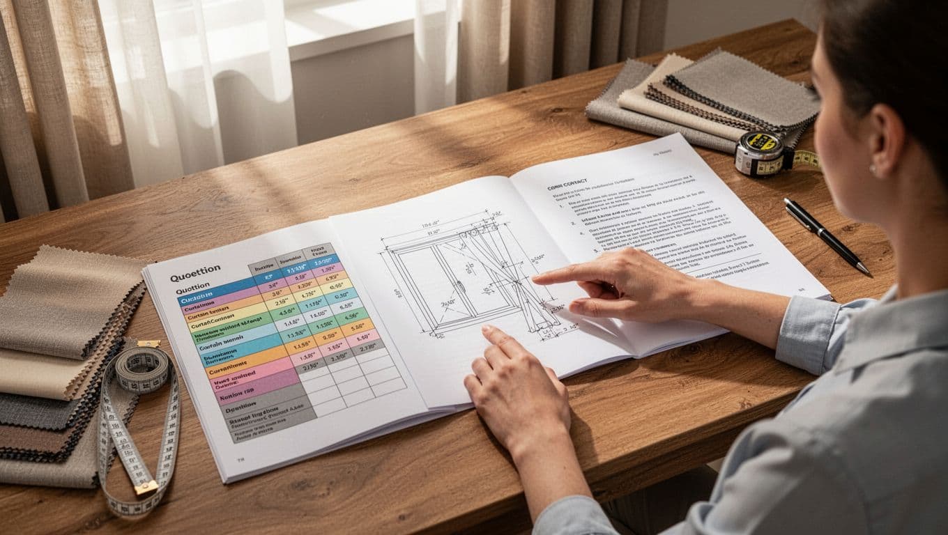 A focused individual in a bright home office compares curtain quotation, technical drawing, and contract documents on a wooden desk amid fabric swatches and tools.