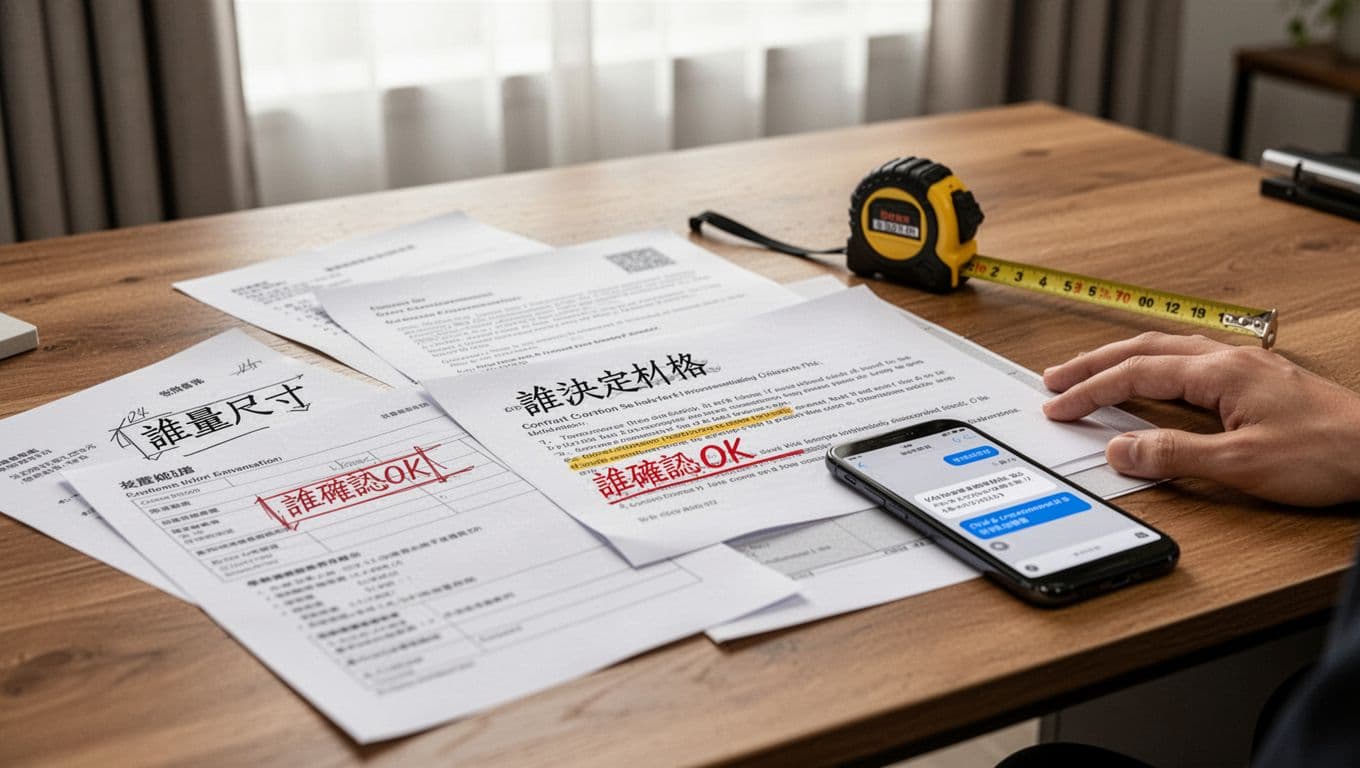 Realistic photograph of a wooden office desk in a bright home office, scattered with documents for custom curtain orders including Traditional Chinese notes on measurements, specifications, and confirmations, tape measure, and smartphone screenshot. One hand rests on the desk edge, with a softly blurred window and curtains in the background, evoking a professional and organized mood.