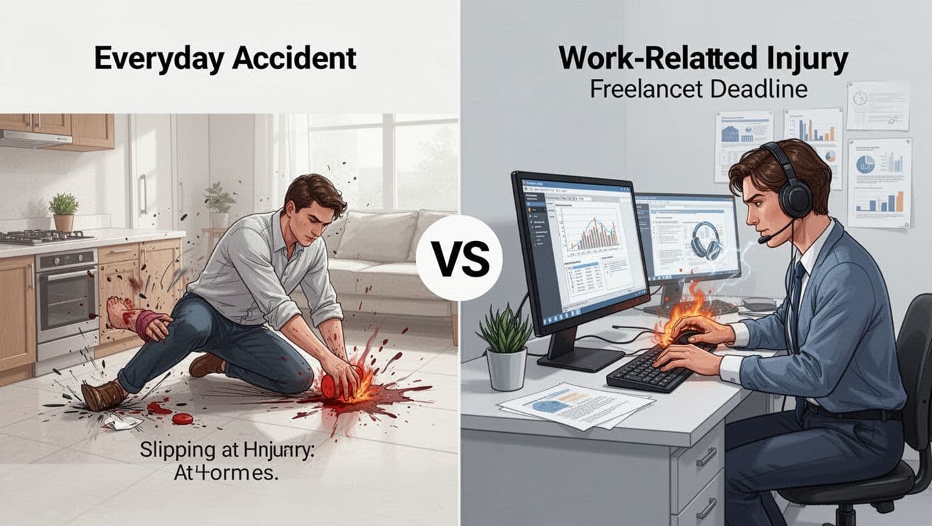 接案者住院不能工作,勞保傷病給付申請步驟全解析 Split-scene infographic contrasting an everyday home slip injury on the left with a freelancer's hand strain from typing during a deadline on the right, in realistic illustrations with bright lighting.