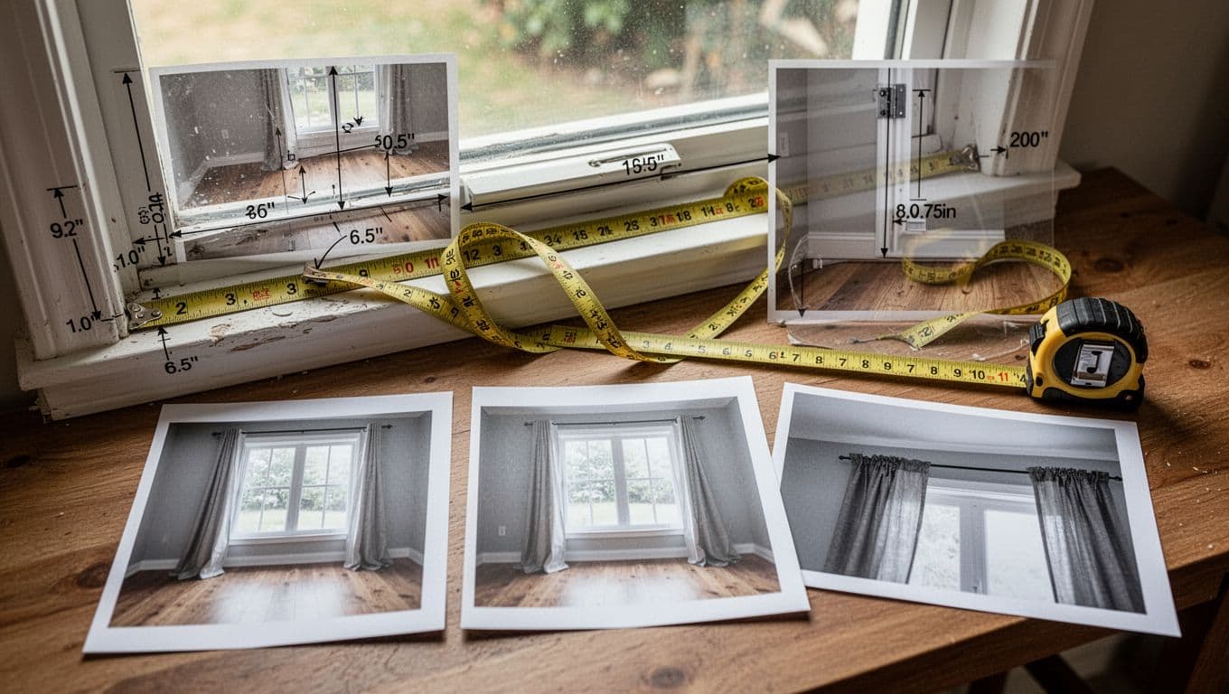 Photorealistic image of a home window frame with yellow tape measure marking dimensions like width, height, and drop to floor, alongside three printed photos on a wooden table for evidence preparation.